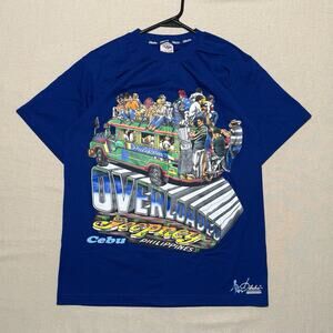 Vintage 90s Dibuho Philippines Overloaded Jeepney T-Shirt Blue Sz M Hand Painted